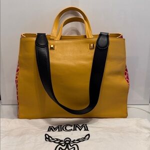 LIMITED MCM Yellow Leather Tote with Black Straps and Pink Patterned Sides